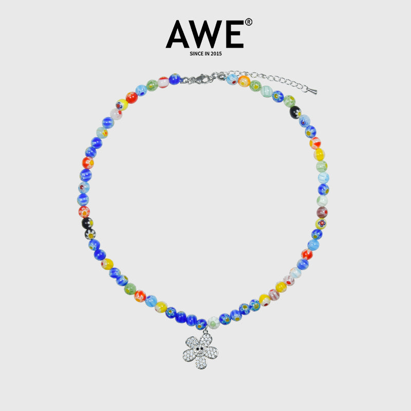 AWE Round Bead Sunflower Smiley Necklace