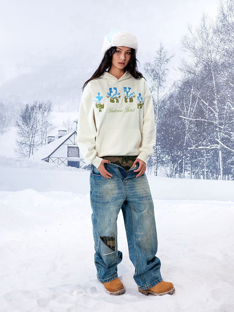 YADcrew Blue Sky Flower Puzzle Embroidery Hoodie