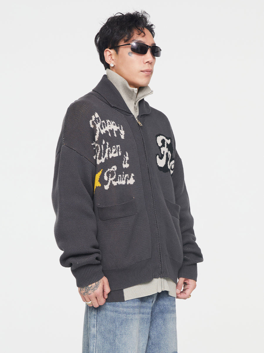 F2CE Embroidered Patchwork Zipper Knit Cardigan