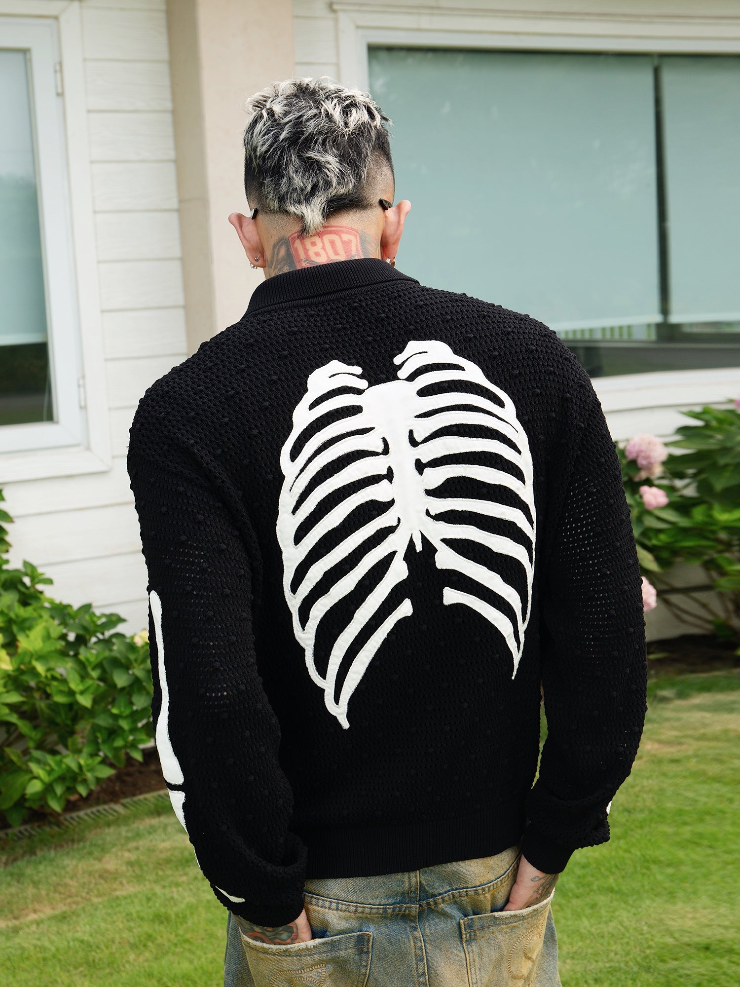 S45 Skeleton Mesh Zip Up Knit Cardigan