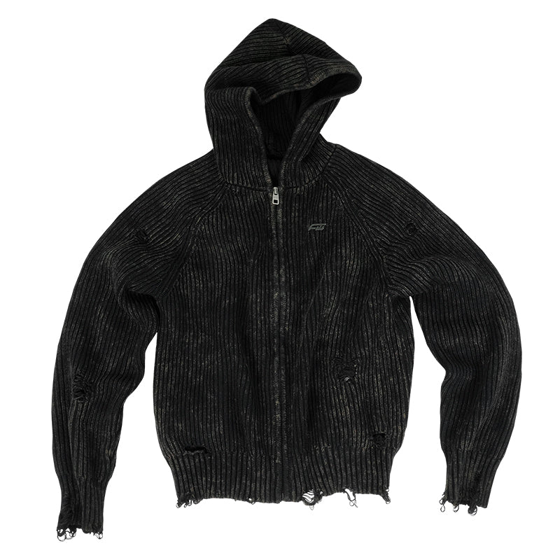 ANTIDOTE Washed Destruction Zip Up Knit Hoodie
