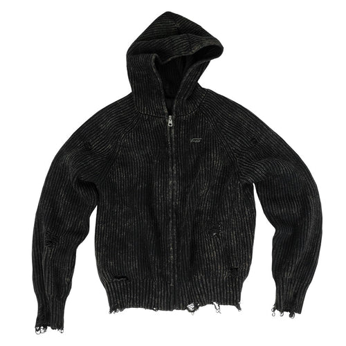 ANTIDOTE Washed Destruction Zip Up Knit Hoodie