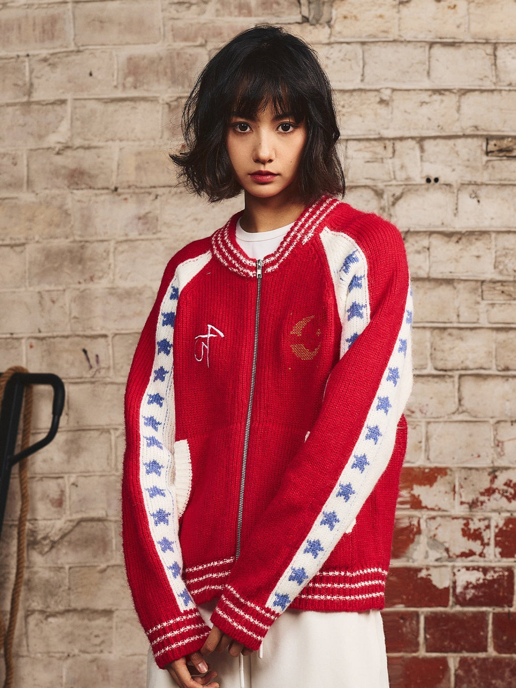 S45 Color Blocking Star Zip Up Cowichan Cardigan