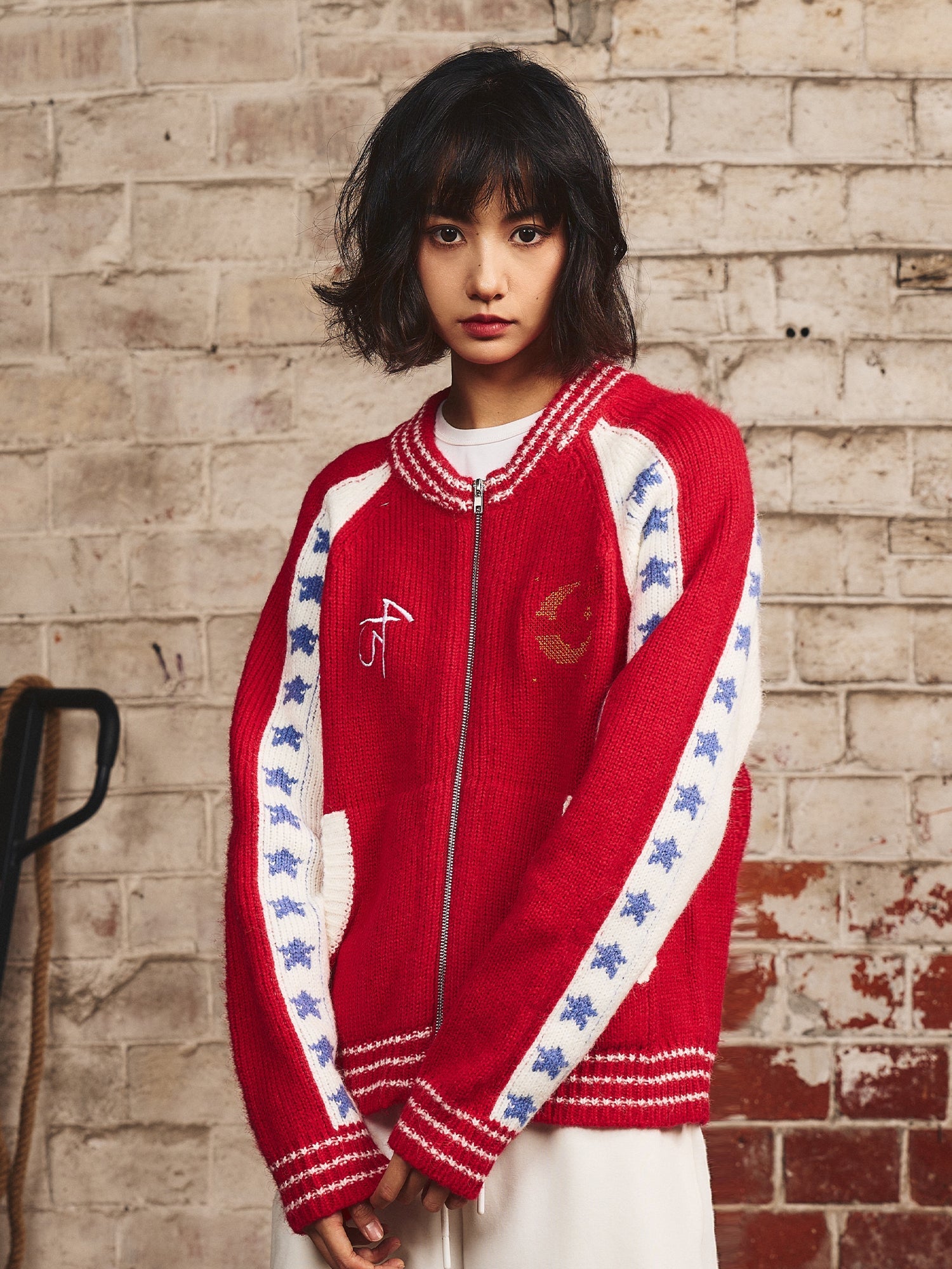 S45 Color Blocking Star Zip Up Cowichan Cardigan