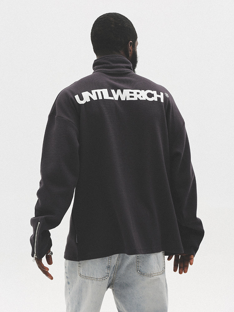 UNTILWERICH Waffle Logo Print Half Zip Long Sleeves Sweatshirt