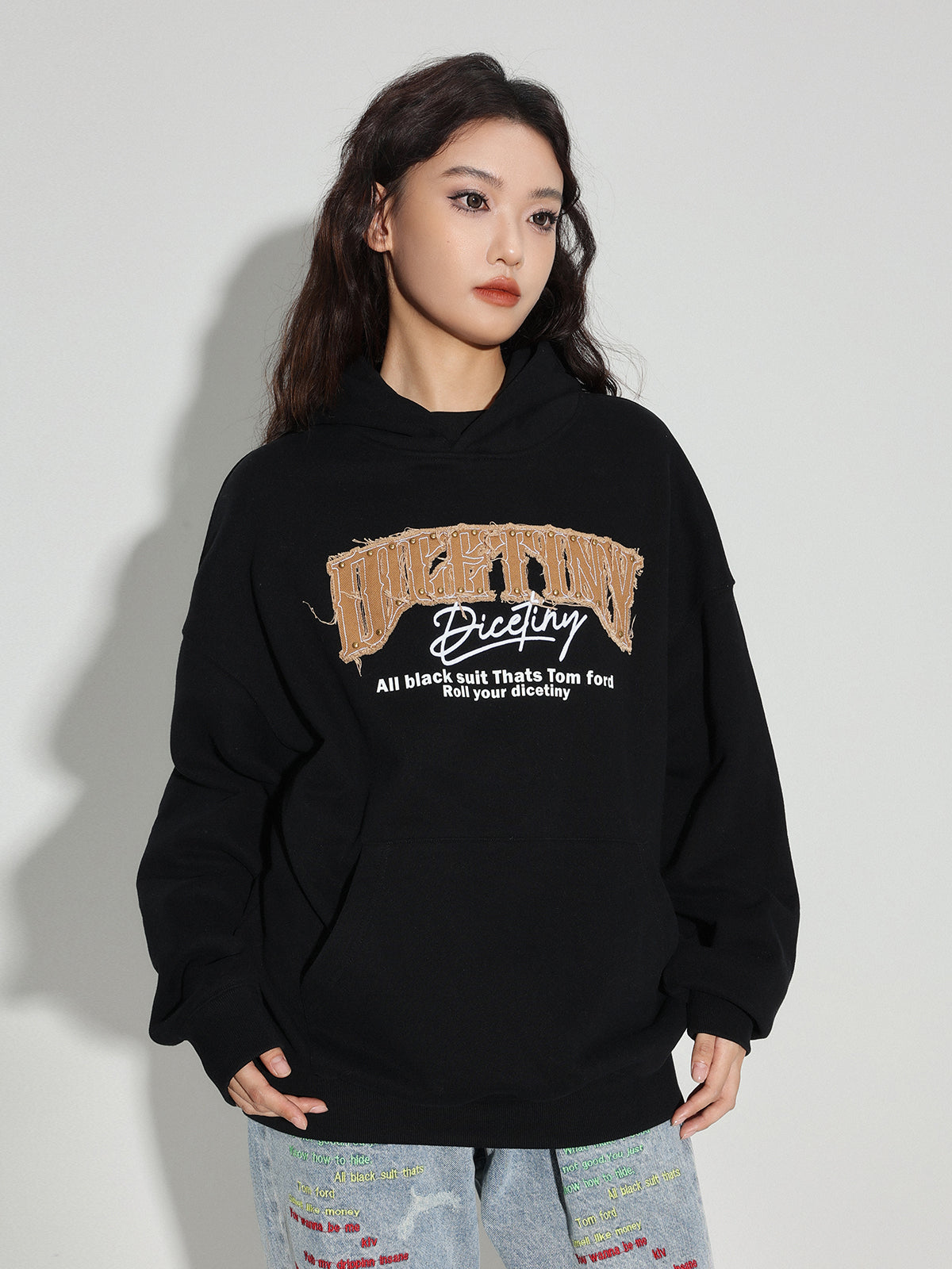 DICETINY Denim Patch Logo Studs Hoodie