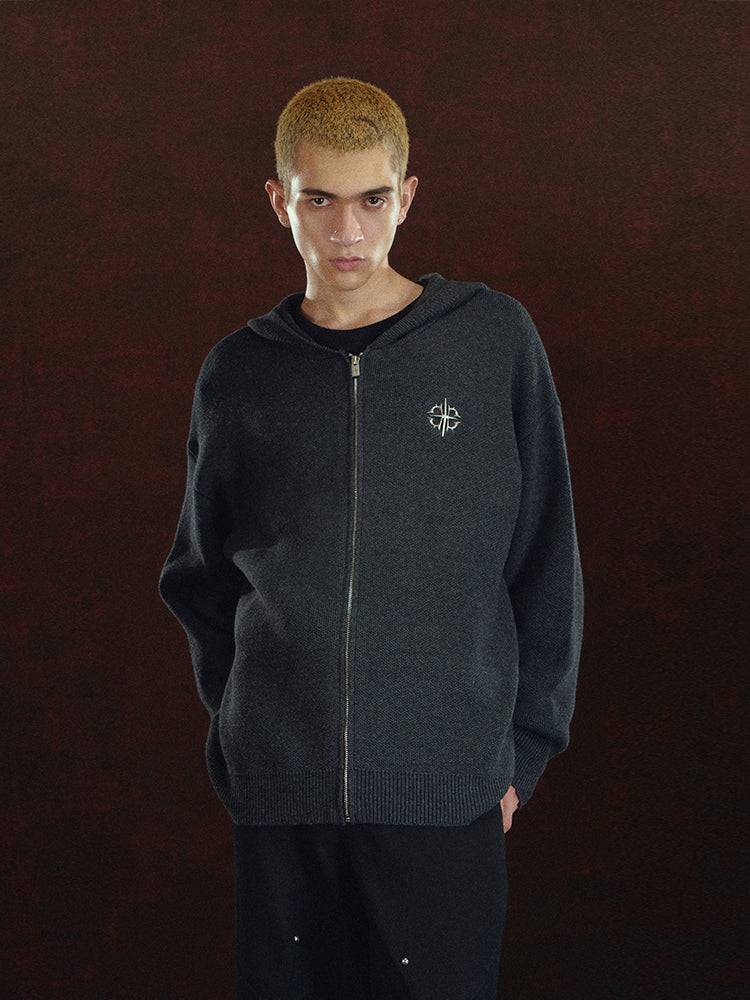 DICETINY Metal Logo Zip Up Knit Hoodie
