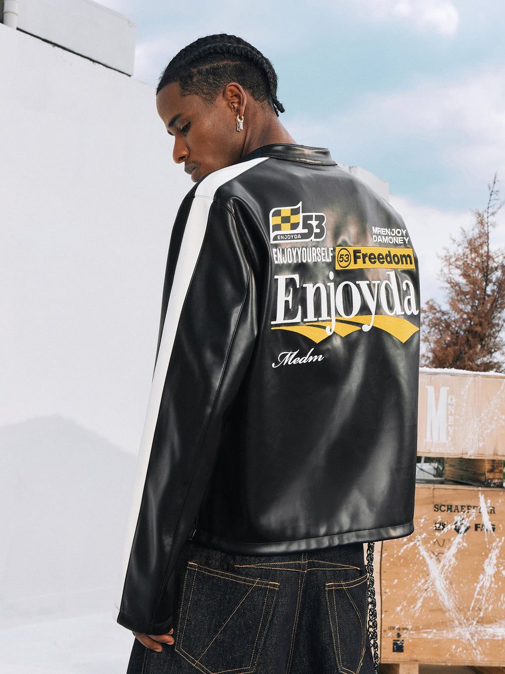 MEDM Striped Embroidered PU Leather Single Rider Jacket