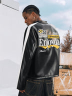 MEDM Striped Embroidered PU Leather Single Rider Jacket