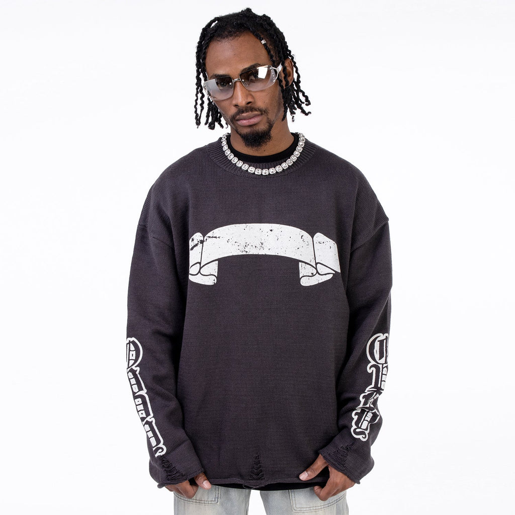 F3F Select Print Destruction Ripped Knit Sweater