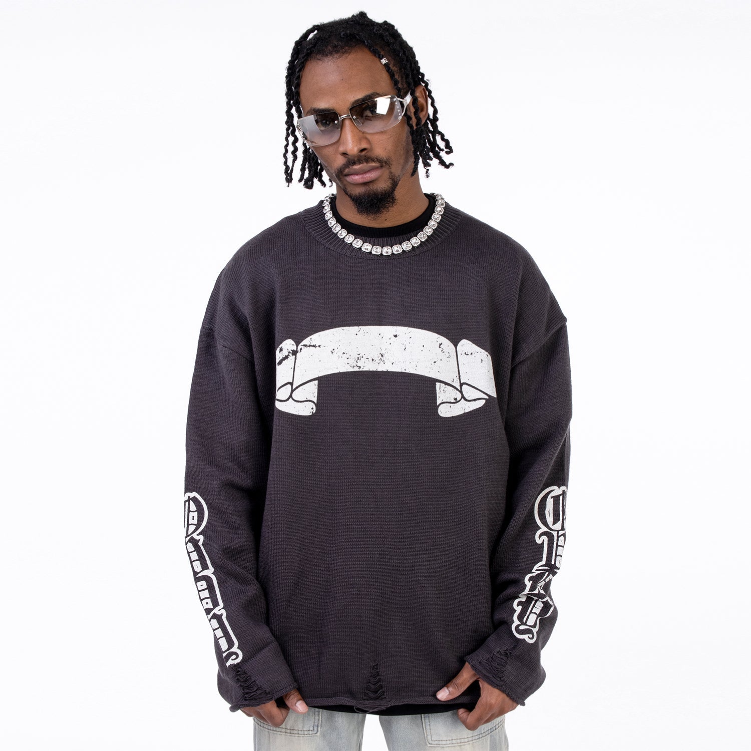F3F Select Print Destruction Ripped Knit Sweater