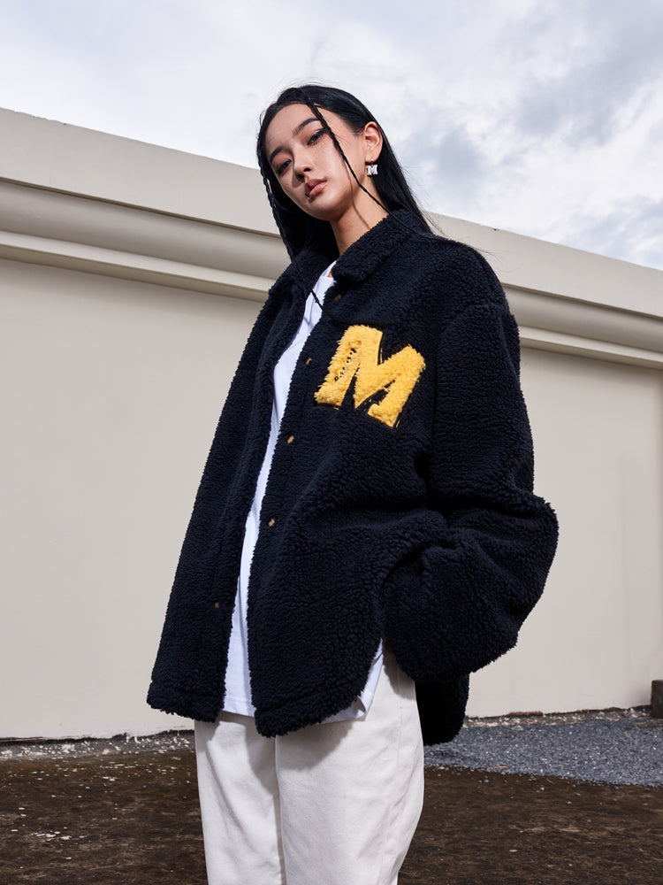 MEDM Logo Letters Embroidered Sherpa Fleece Boa Jacket