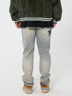 F2CE Destruction Embroidered LOGO Straight Denim Jeans Pants