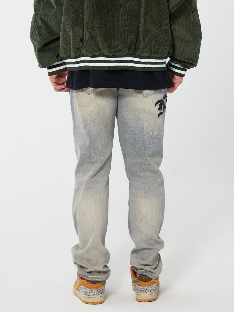 F2CE Destruction Embroidered LOGO Straight Denim Jeans Pants