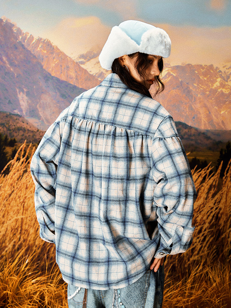 YADcrew Imitation Paper Plaid Pleated Long Sleeve Shirt