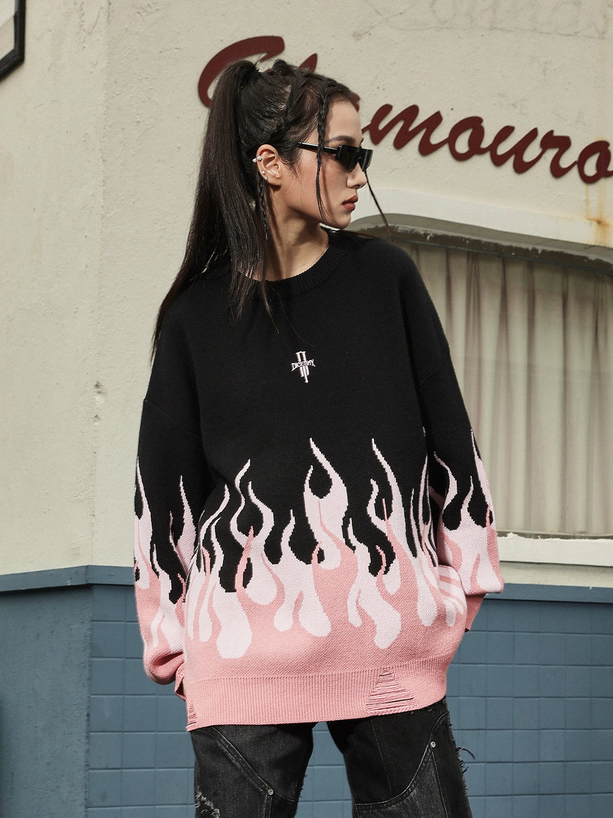 DICETINY Basic Logo Flame Destruction Knit Sweater