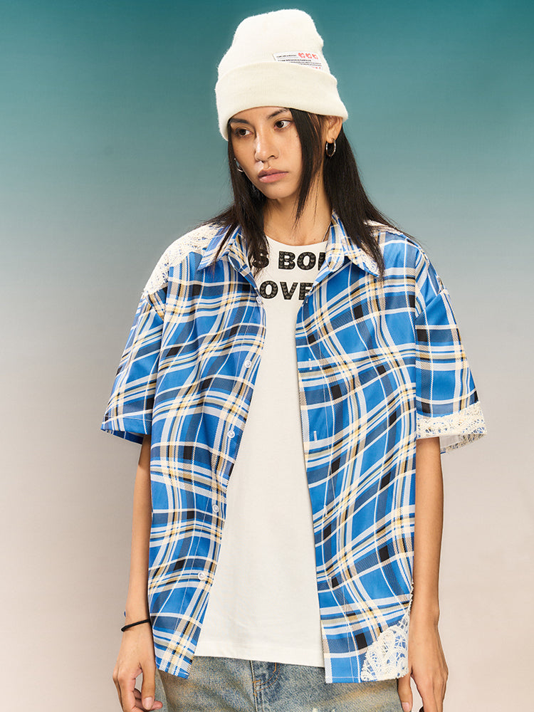 YADcrew Twisted Plaid Lace Splicing Short Sleeve Shirt