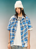 YADcrew Twisted Plaid Lace Splicing Short Sleeve Shirt
