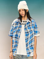 YADcrew Twisted Plaid Lace Splicing Short Sleeve Shirt