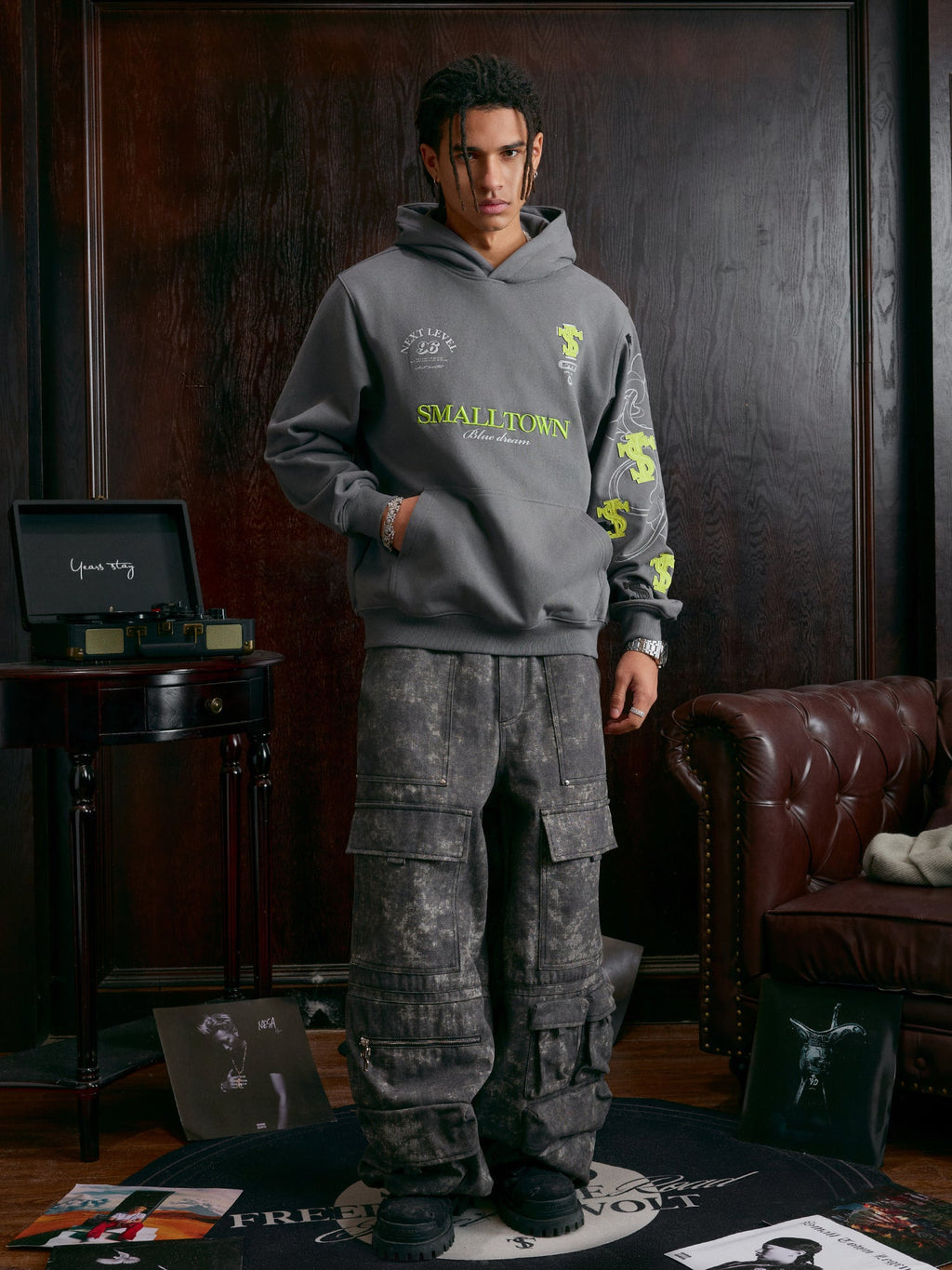 Small Town Kid Cross Print Patch Logo Leather Hoodie