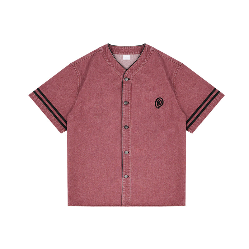 ANTIDOTE Embroidered Letters Denim Baseball Short Sleeve Shirt