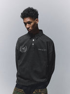 ANTIDOTE Badge Printed Washed Polo Sweatshirt