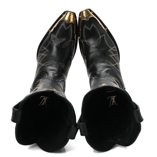 Calfskin LV Texan Mens Rider Boots 7.5 Black Gold