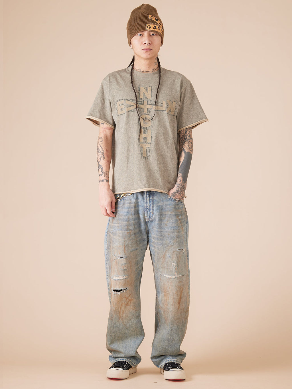 EVILKNIGHT(EK) Customized Rivets Dirty Wash Holes Denim Jeans