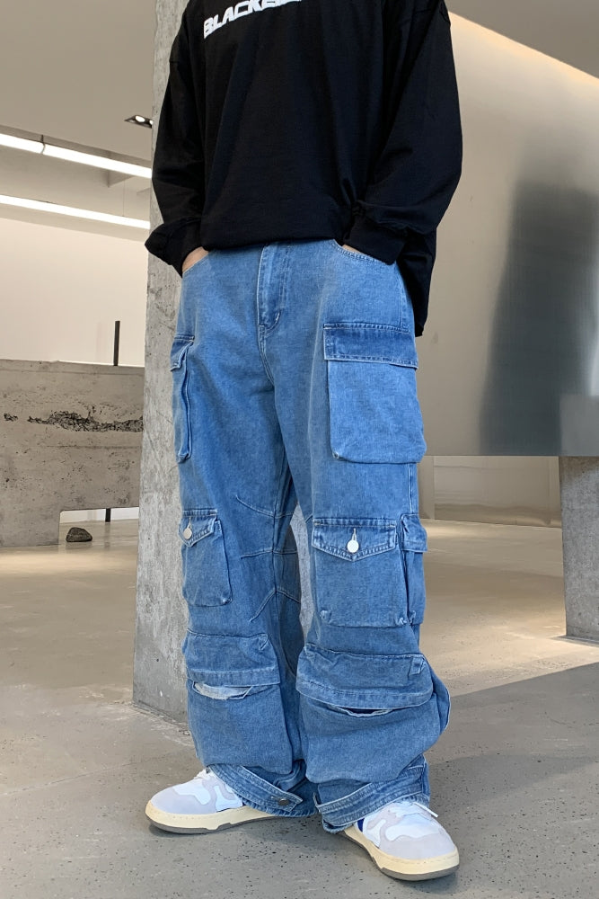 F3F Select Multi Pocket Washed Denim Cargo Pants