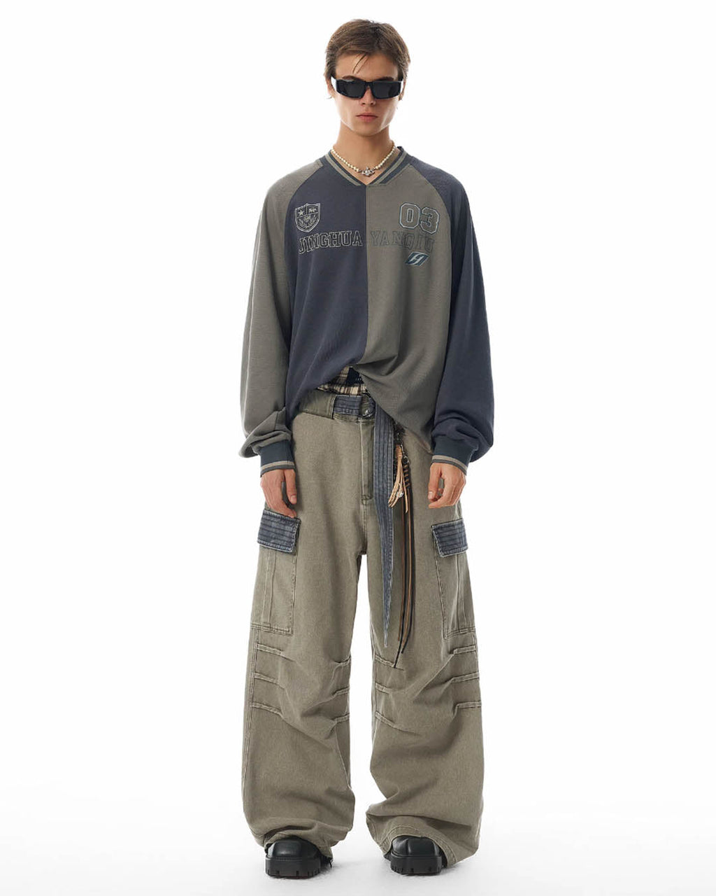 JHYQ Contrast Color Pleated Baggy Cargo Pants