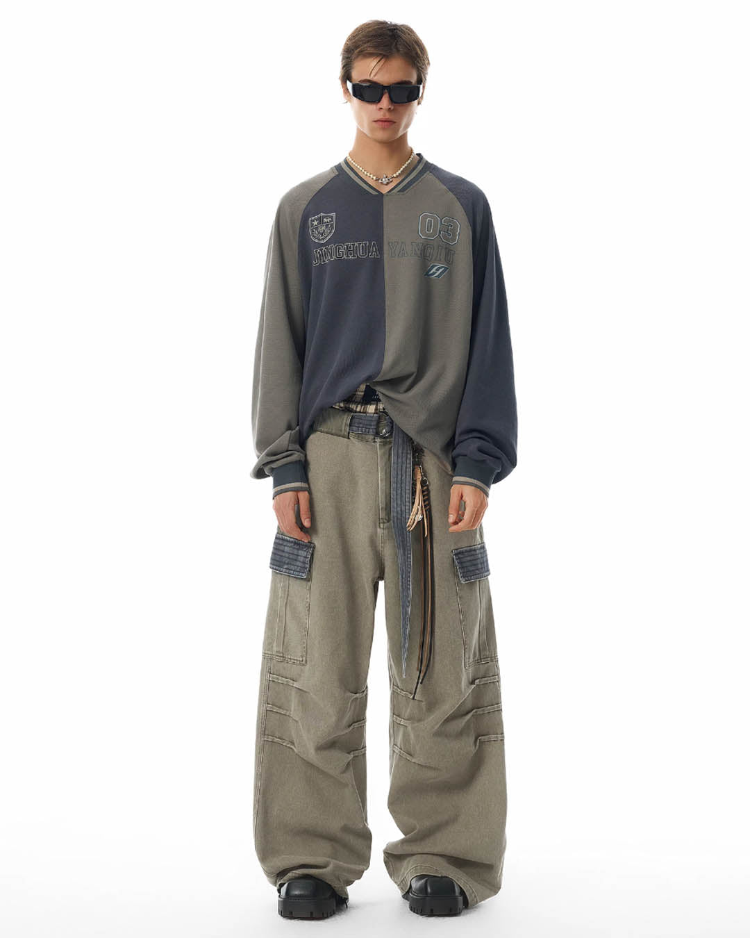 JHYQ Contrast Color Pleated Baggy Cargo Pants