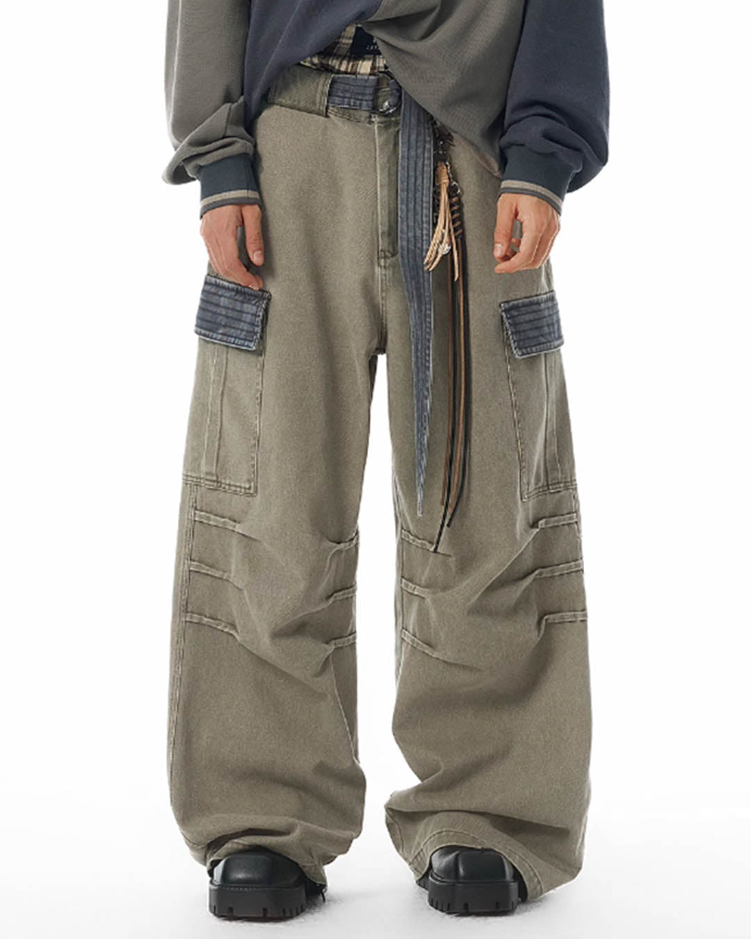 JHYQ Contrast Color Pleated Baggy Cargo Pants