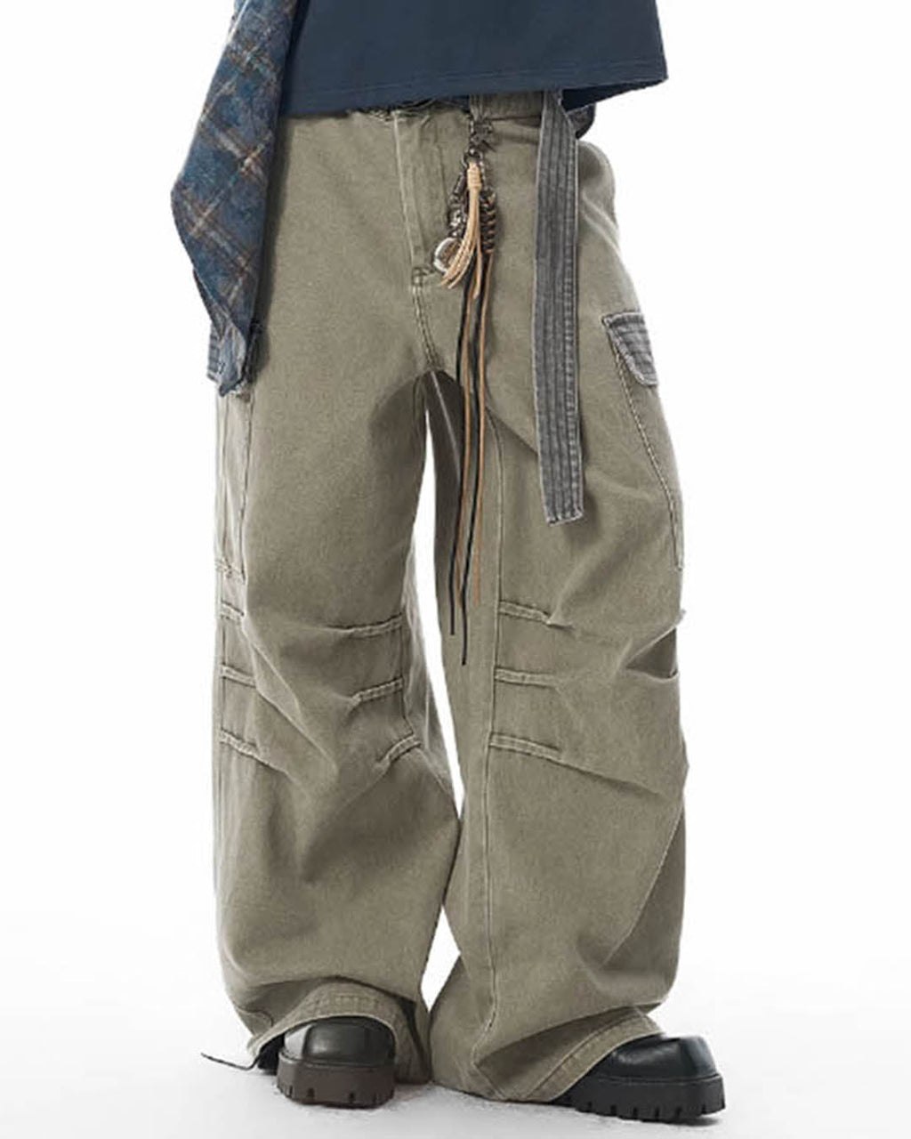 JHYQ Contrast Color Pleated Baggy Cargo Pants