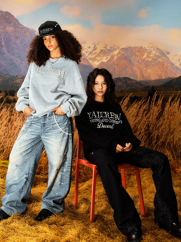 YADcrew Pearl Beadwork Text Typography Sweatshirt