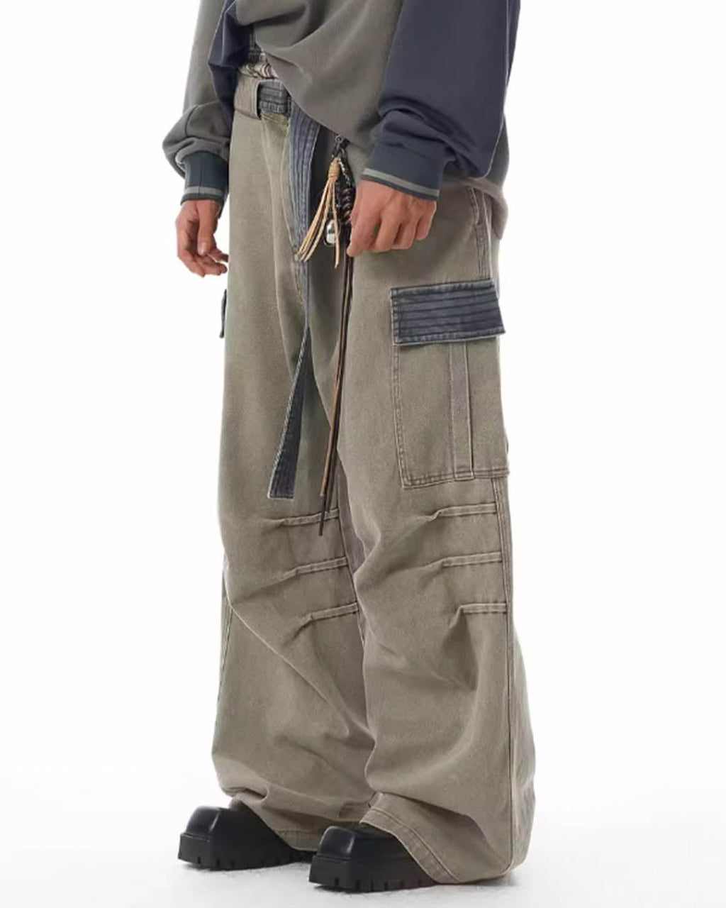 JHYQ Contrast Color Pleated Baggy Cargo Pants