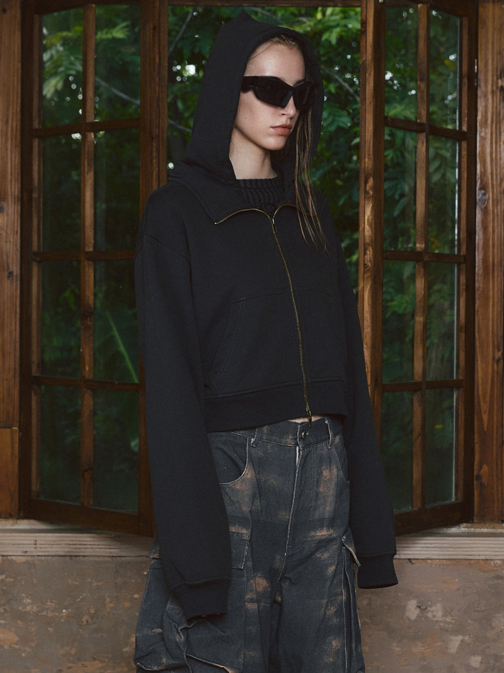STEEPC Fake Two Piece Collar Boxy Crop Zip Hoodie