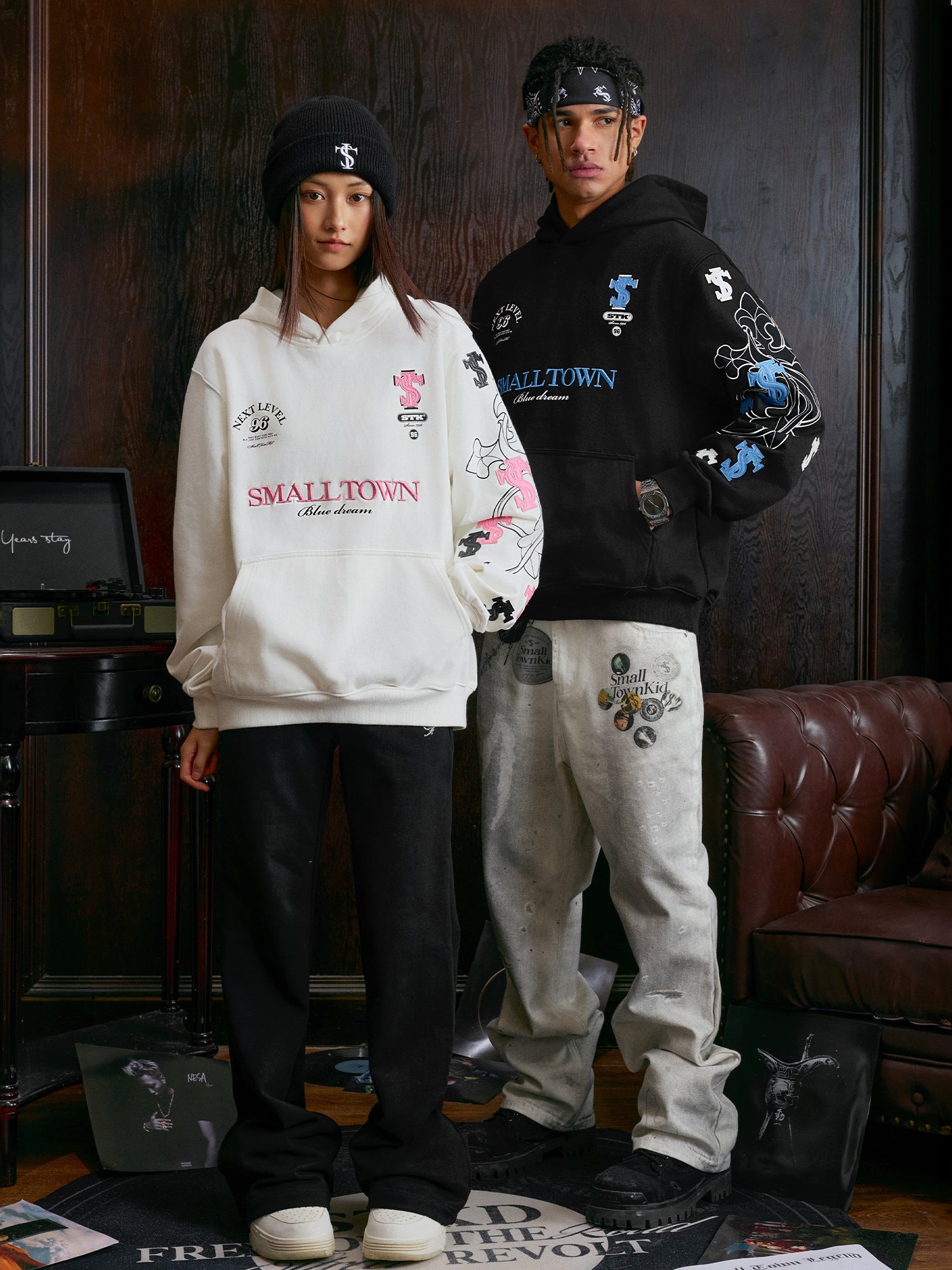 Small Town Kid Cross Print Patch Logo Leather Hoodie