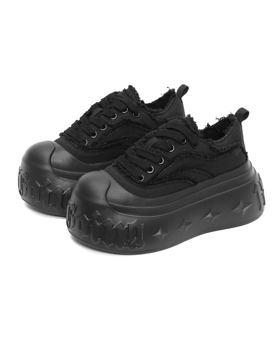 1807 INF-008 Gothic Lace Up Canvas All Black Chunky Sneakers