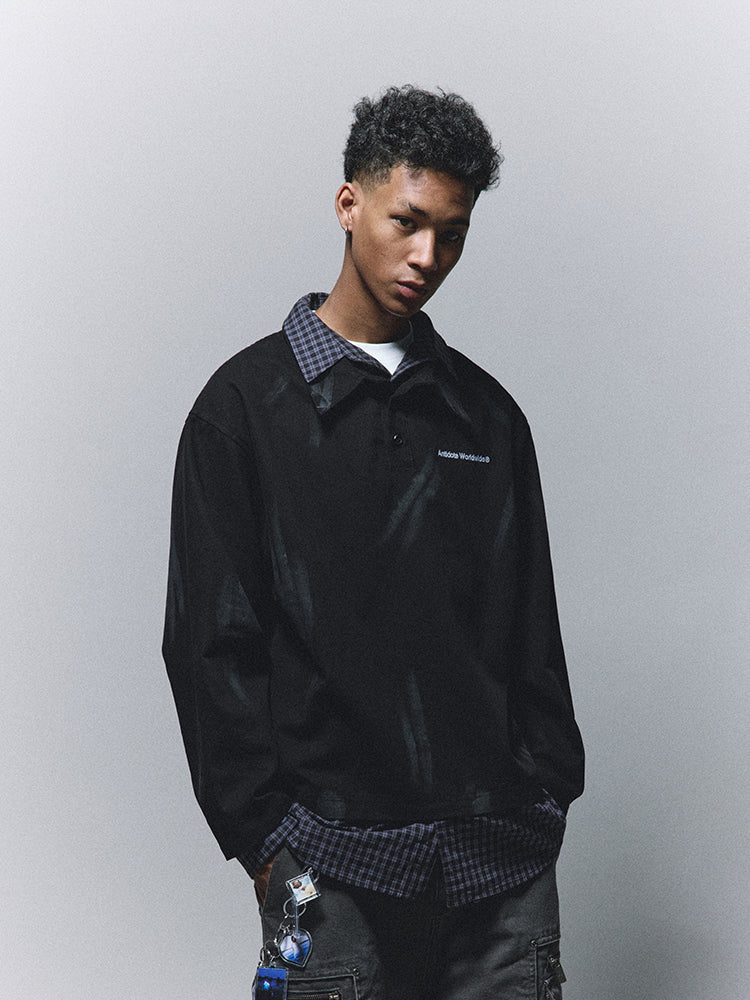 ANTIDOTE Fake Two Piece Plaid Patchwork Long Sleeve Shirt