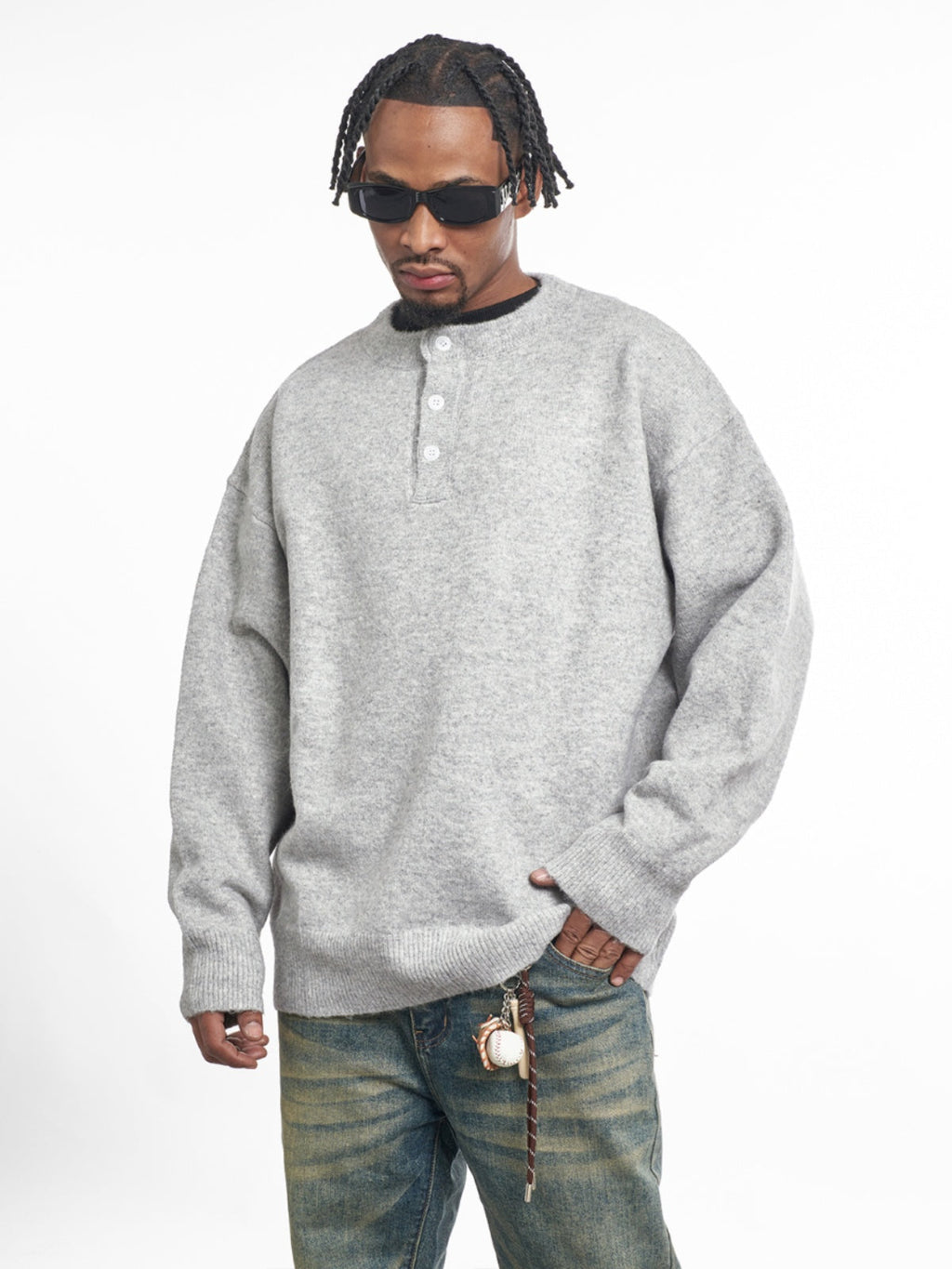 F3F Select Relaxed Fit Henley Neck Knit Sweater