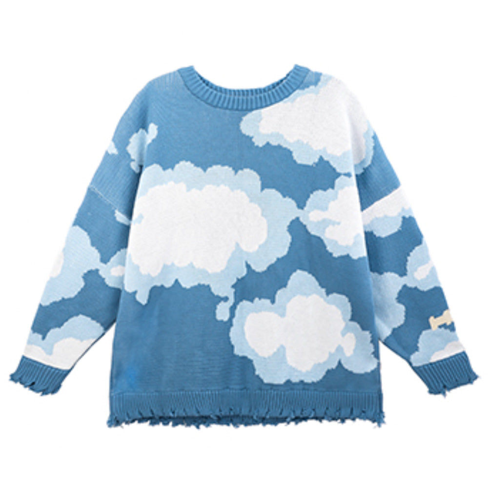Harsh and Cruel Blue Sky Cloud Ripped Knit Sweater
