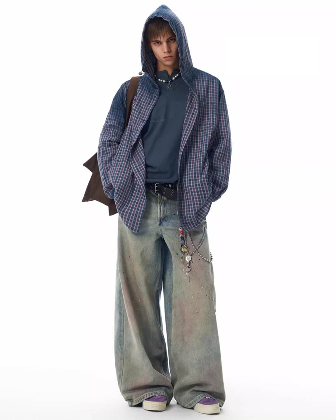 JHYQ Gradation Plaid Hooded Long Sleeved Shirt
