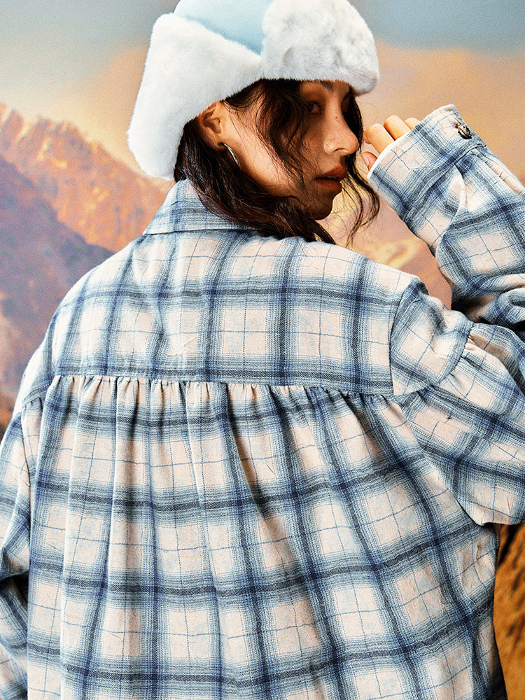 YADcrew Imitation Paper Plaid Pleated Long Sleeve Shirt