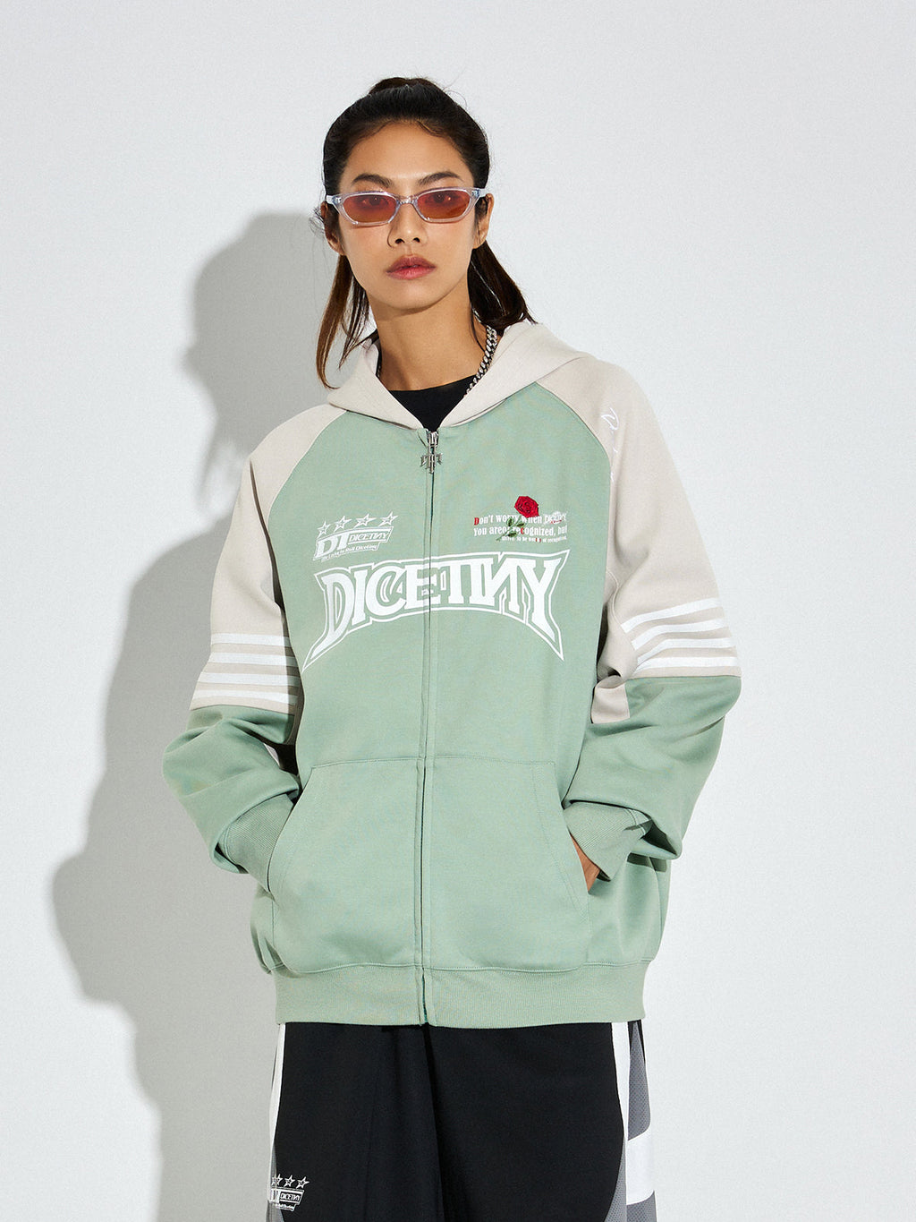 DICETINY Rose Embroidery Logo Printed Zip Up Hoodie
