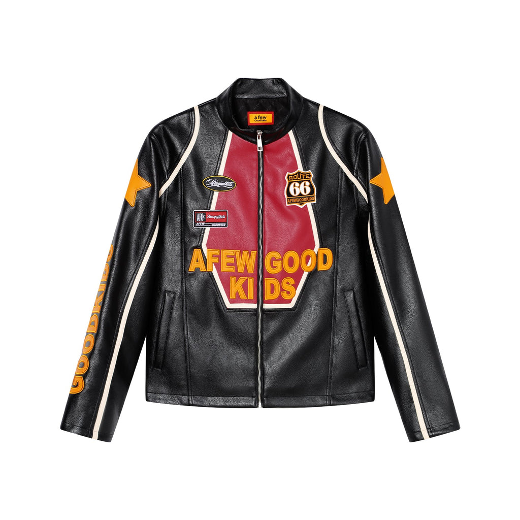 AFGK Badge Stitching Leather Racing Jacket