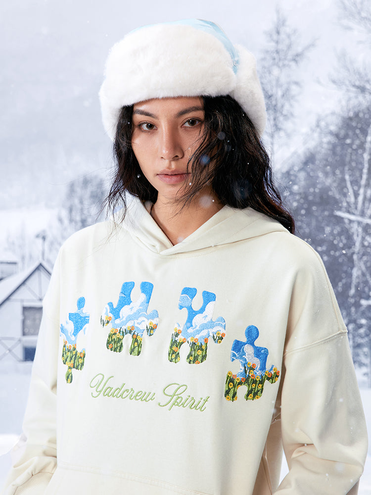 YADcrew Blue Sky Flower Puzzle Embroidery Hoodie