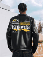 MEDM Striped Embroidered PU Leather Single Rider Jacket
