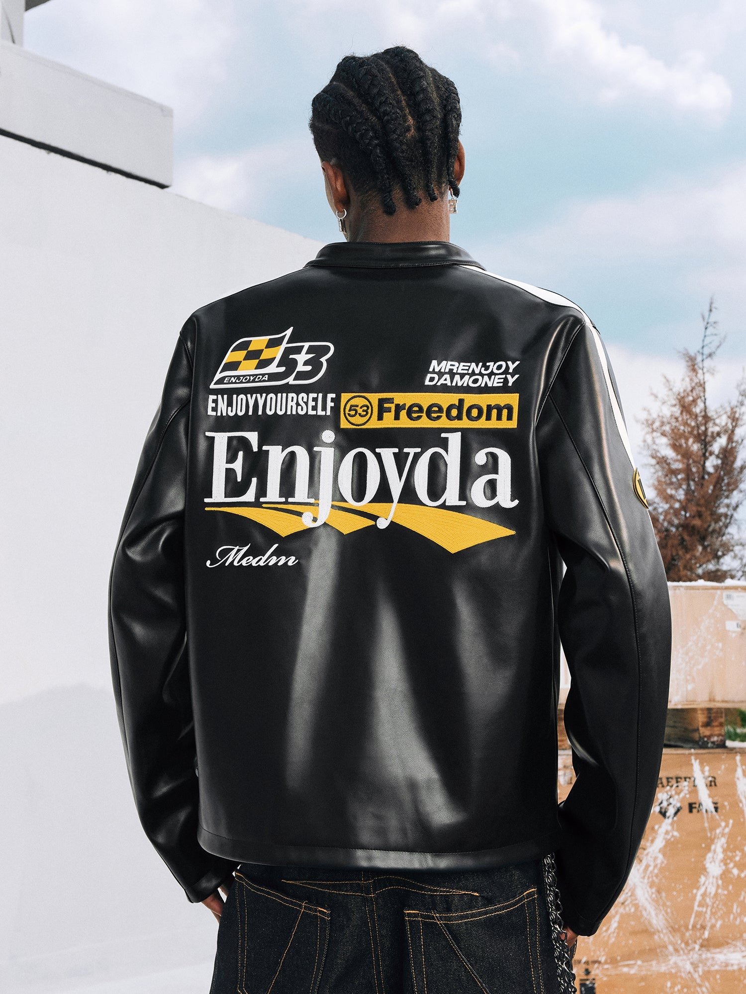 MEDM Striped Embroidered PU Leather Single Rider Jacket