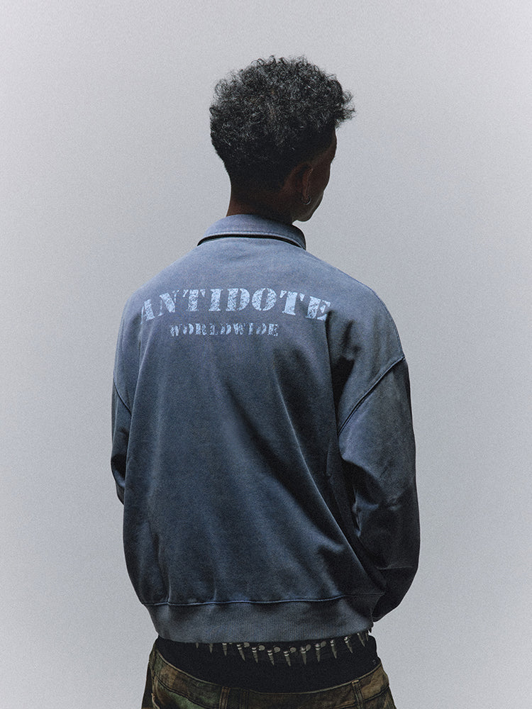 ANTIDOTE Badge Printed Washed Polo Sweatshirt