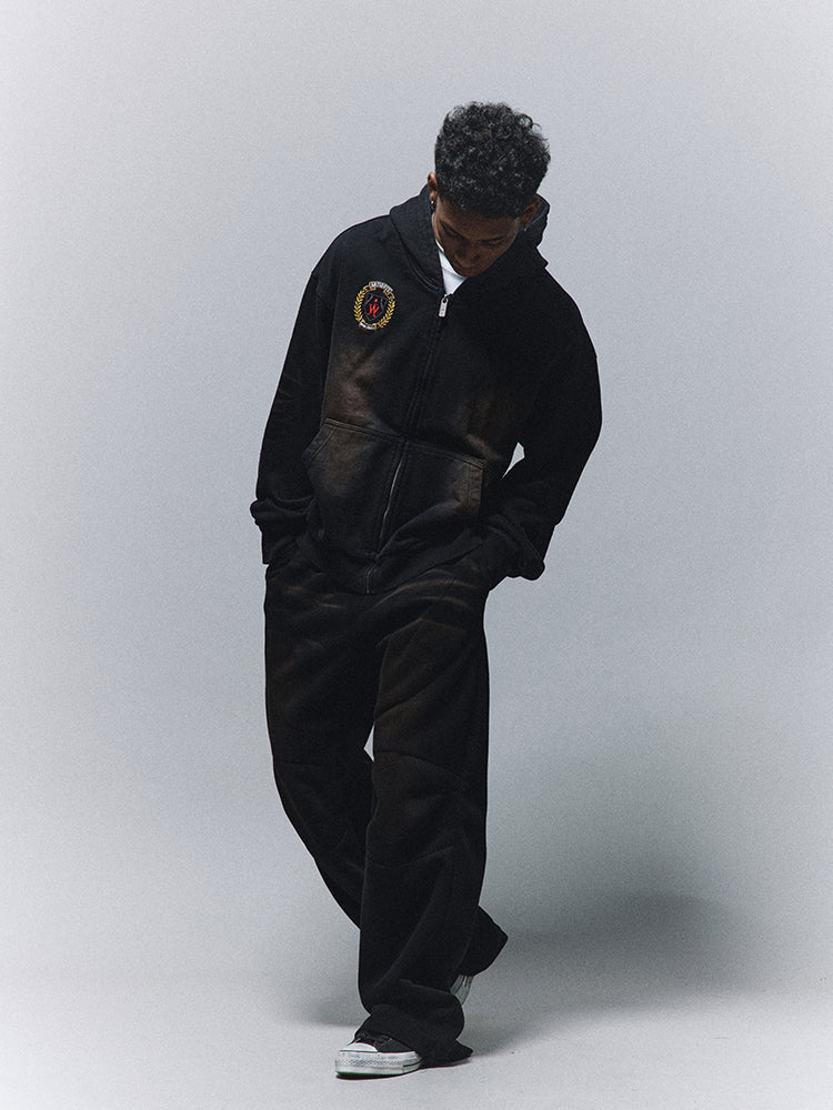ANTIDOTE Washed Distressed Embroidery Badge Zip Up Hoodie